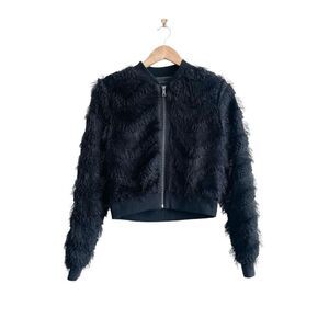 BCBGMAXAZRIA Womens Eyelash Faux Fur Semi Cropped Full Zip Black Small